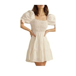 Boho Smocked Puff Sleeve Tiered Mini Dress‎ Striped Square Neck Summer Beach